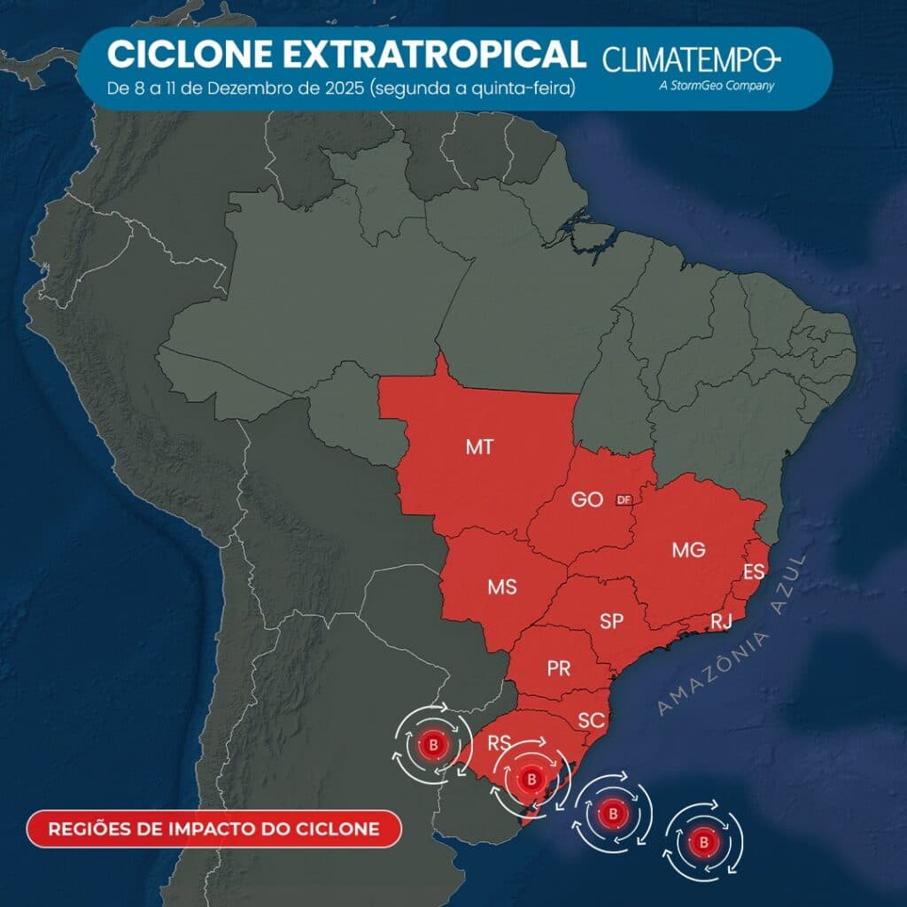 Deslocamento estimado do centro do ciclone extratropical entre 8 e 10 de dezembro de 2025 (Arte: Climatempo)