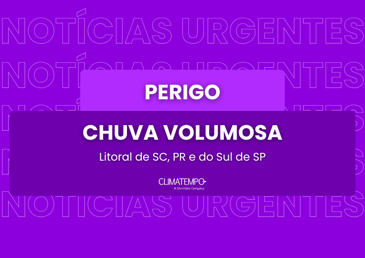 Imagem do alerta Chuva muito volumosa no litoral de SC, PR e sul de SP até segunda-feira (23/2)