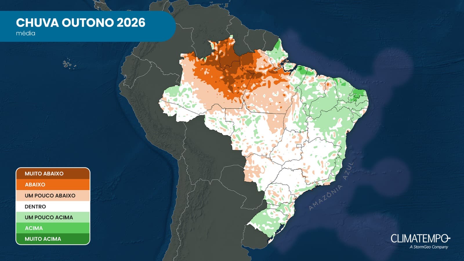 Anomalia da precipitação média no Brasil estimada para o outono de 2026: tons de verde indicam volume de chuva acima da média; tons de marrom indicam chuva abaixo da média; o branco indica precipitações dentro da média