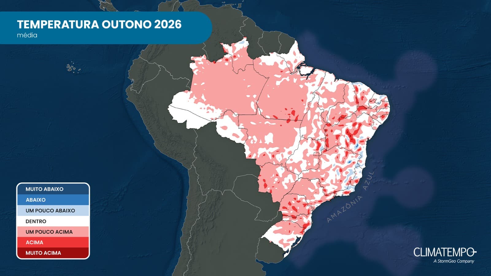 Anomalia da temperatura média no Brasil estimada para o outono de 2026: tons de vermelho indicam temperatura acima da média; tons de azul indicam temperatura abaixo da média; o branco indica temperatura dentro da média
