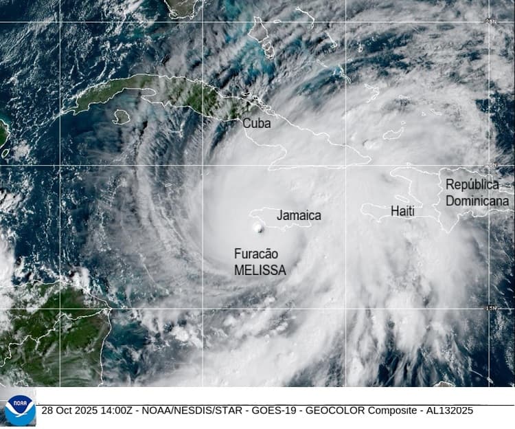 Olho do furacão Melissa estava a 60 km da Jamaica às 15 UTC (12h em Brasília) de 28/10/25) Olho do furacão Melissa estava a 60 km da Jamaica às 15 UTC (12h em Brasília) de 28/10/25)